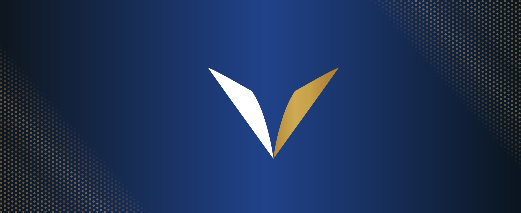 Navy blue and gold dotted background. Overlaid is a white and gold V in the centre.